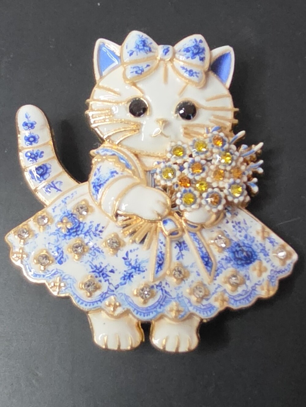 Elegant Blue & White Cat Brooch Pin - Floral Dress